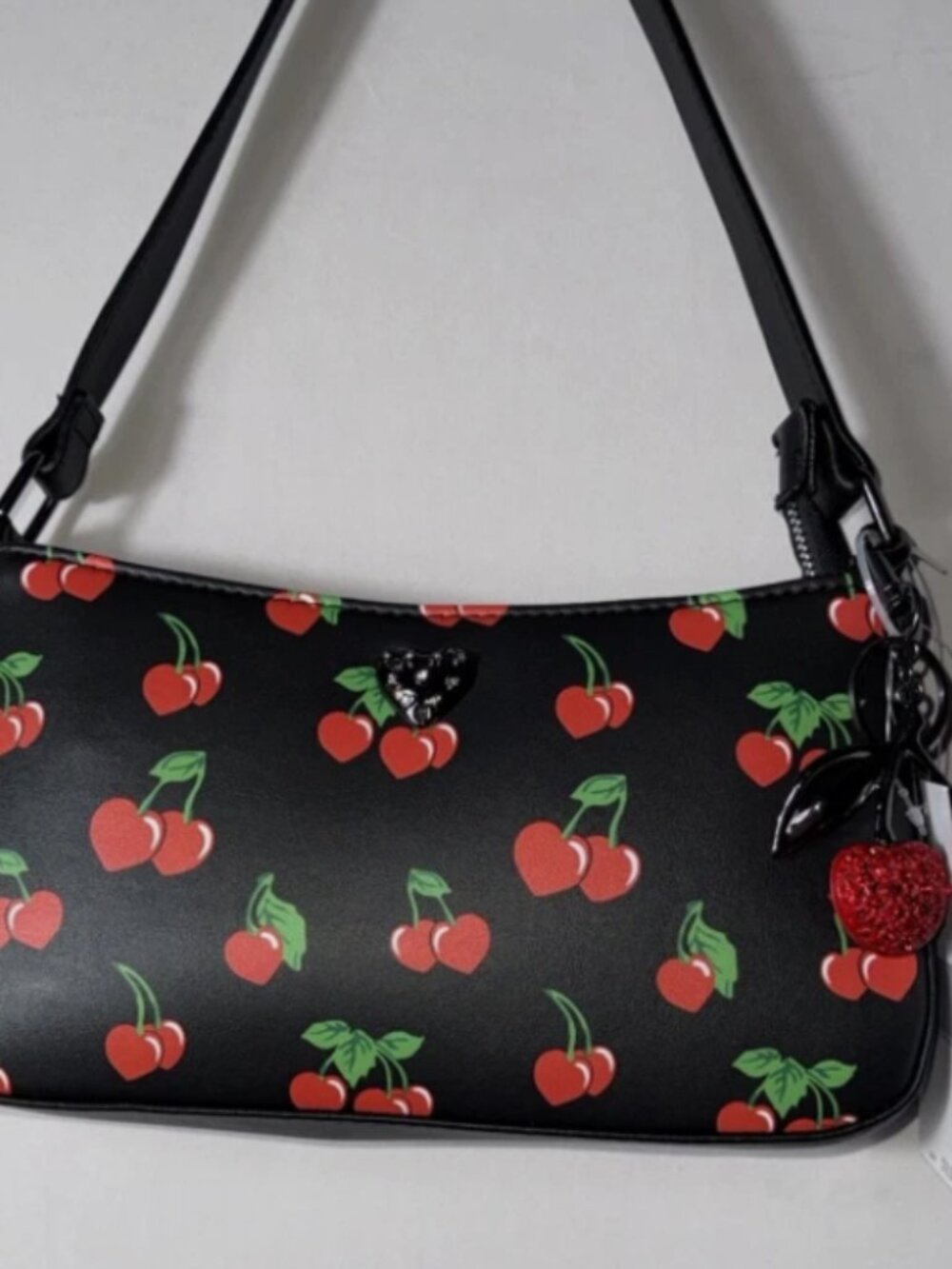 BETSEY JOHNSON Women’s Shoulder Bag With Cherries Red Crystal Cherry Charm NWT